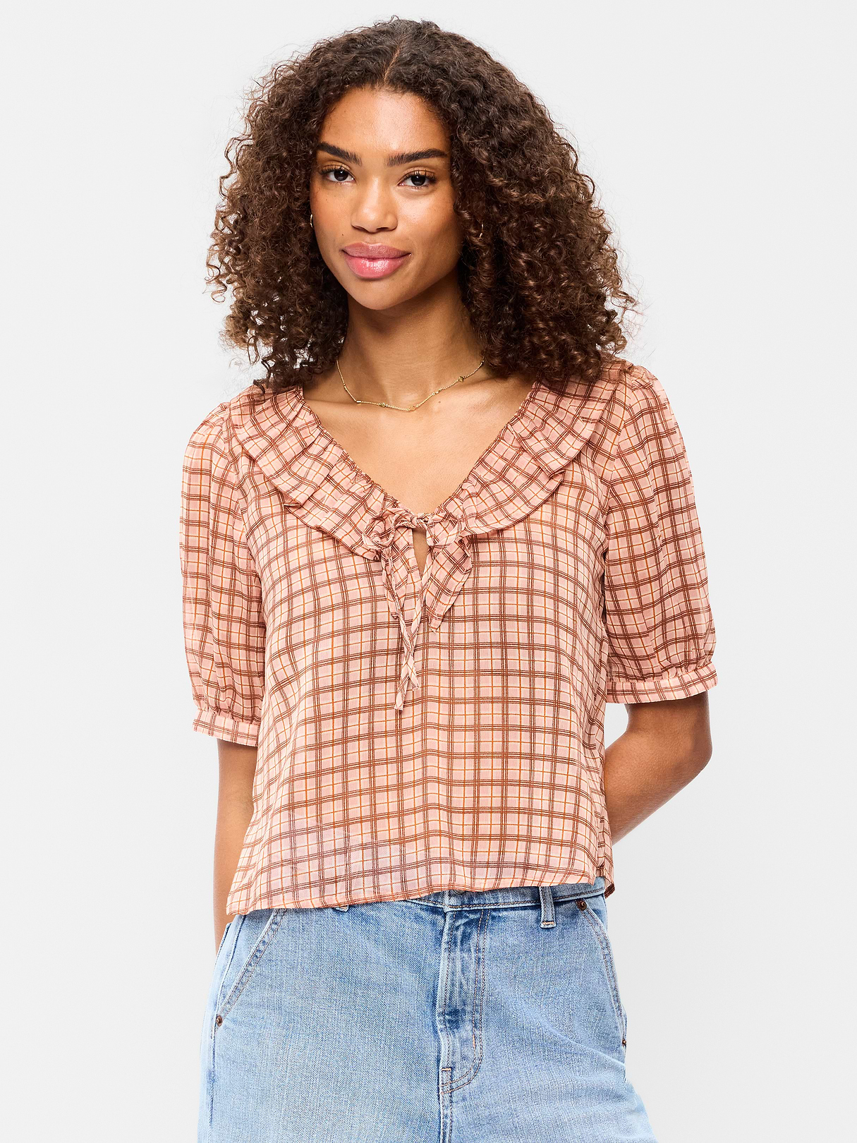 Ruffle Collar Tie-Front Top - Pink Plaid