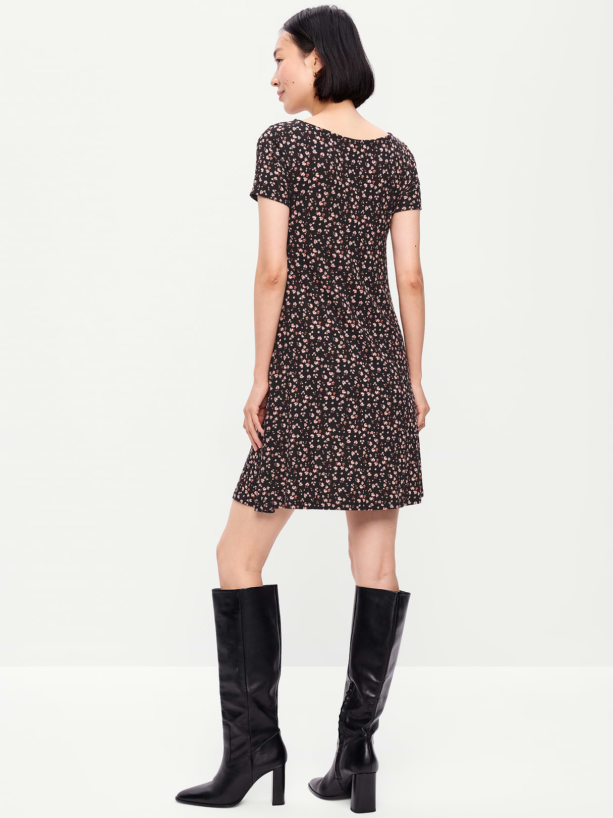 Short-Sleeve Mini Swing Dress - Black Ditsy Floral