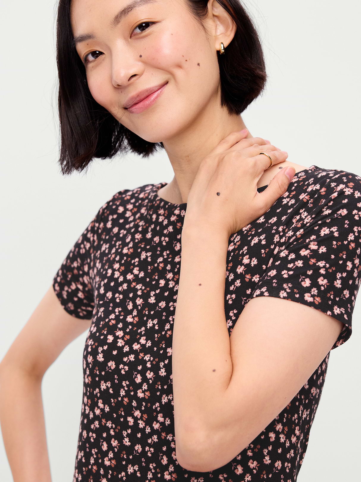 Short-Sleeve Mini Swing Dress - Black Ditsy Floral