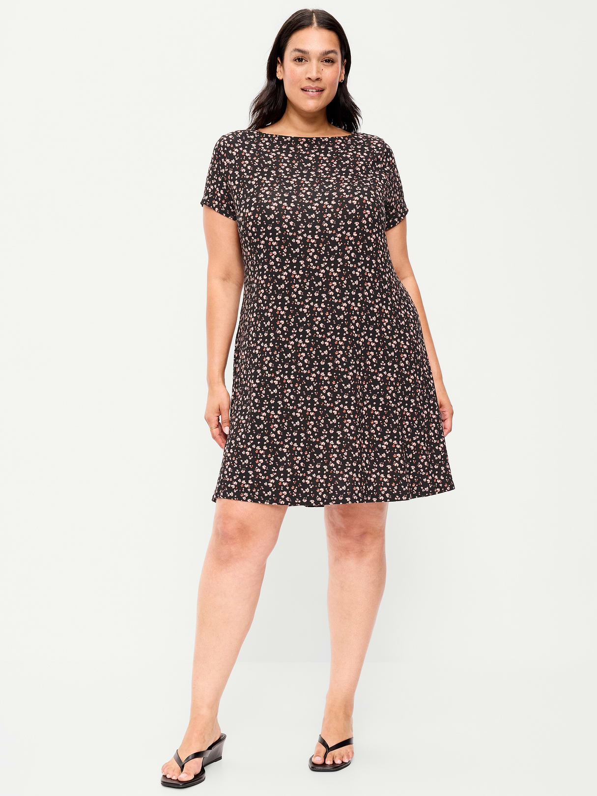 Short-Sleeve Mini Swing Dress - Black Ditsy Floral
