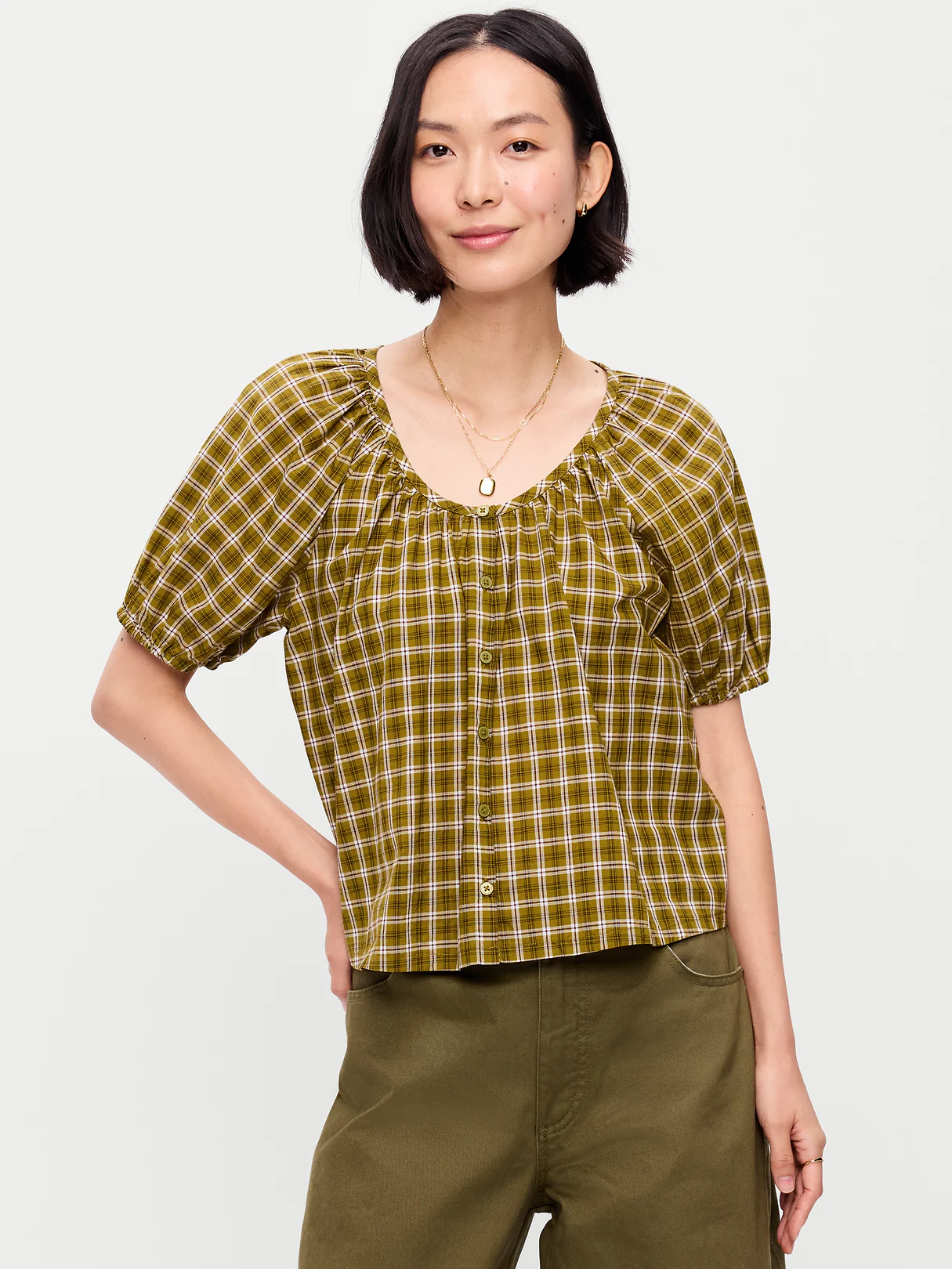 Airy Button-Down Top - Green Plaid