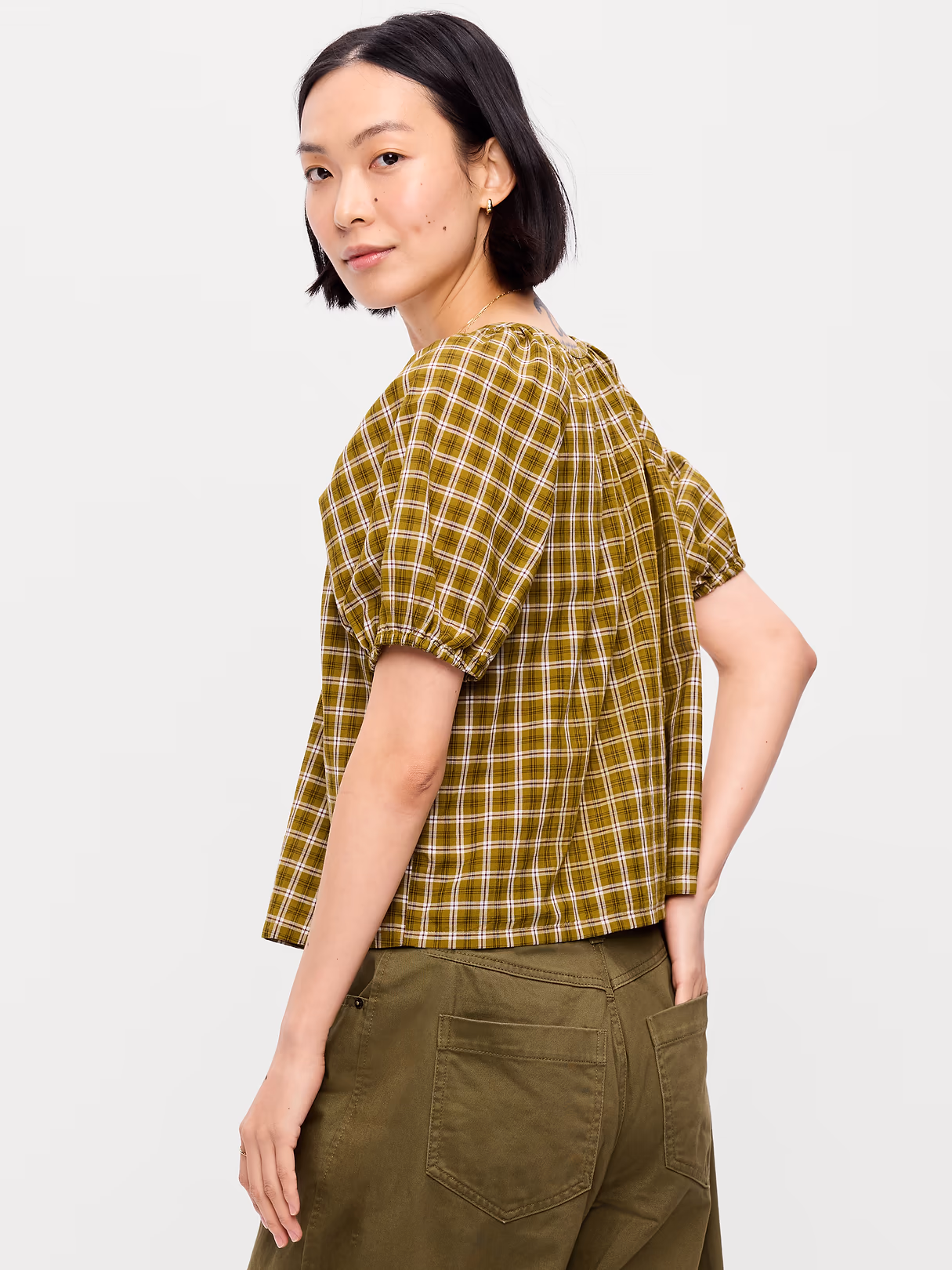 Airy Button-Down Top - Green Plaid