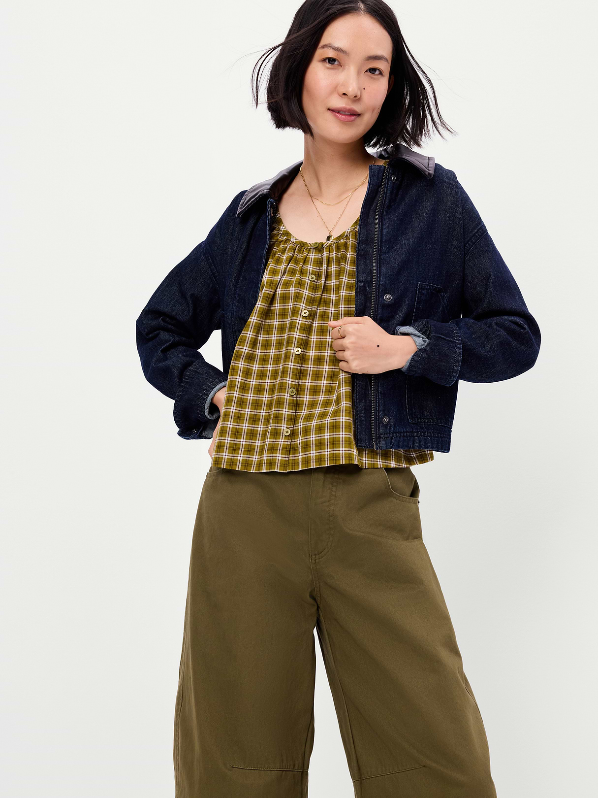 Airy Button-Down Top - Green Plaid