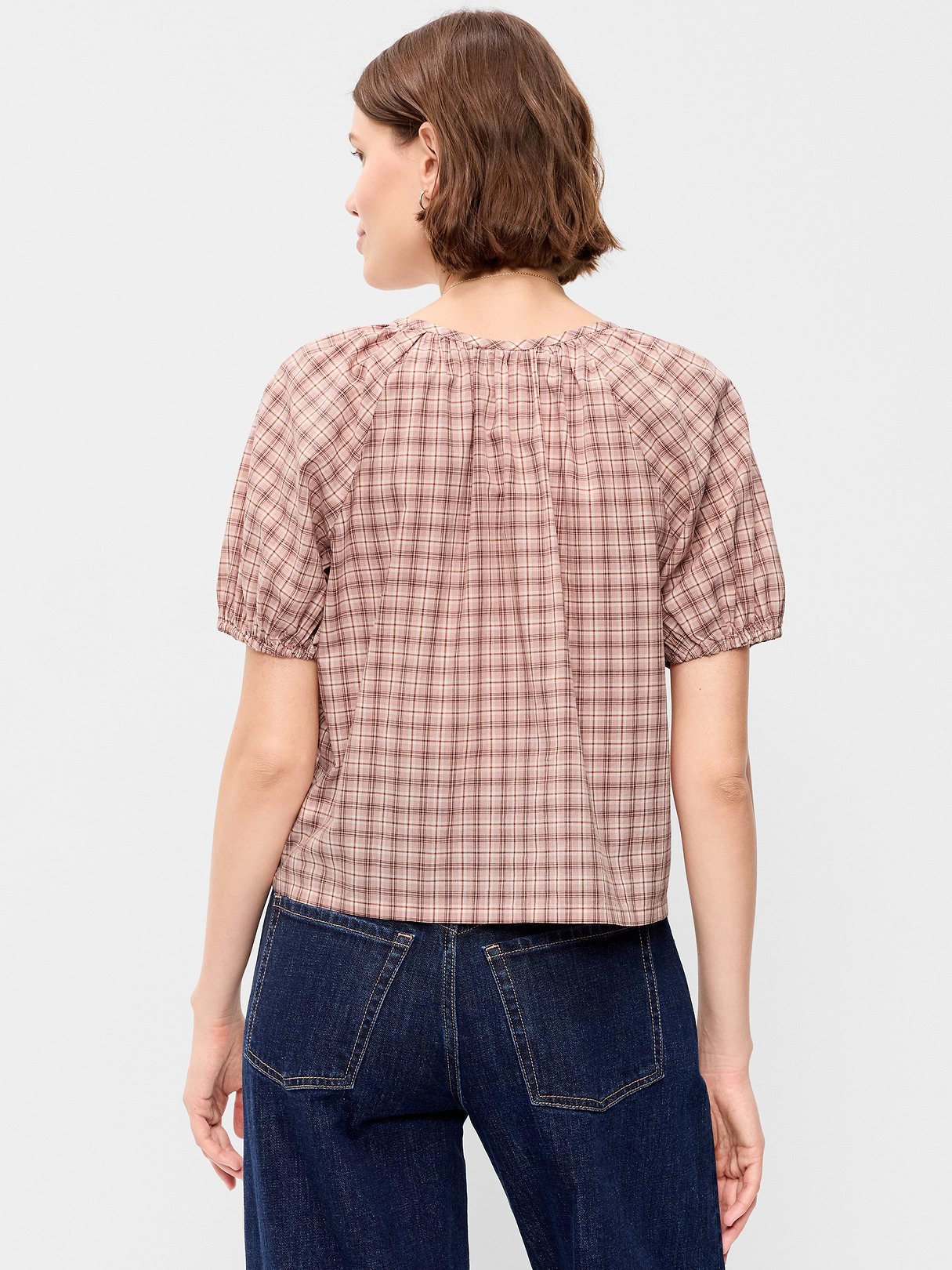 Airy Button-Down Top - Pink Plaid