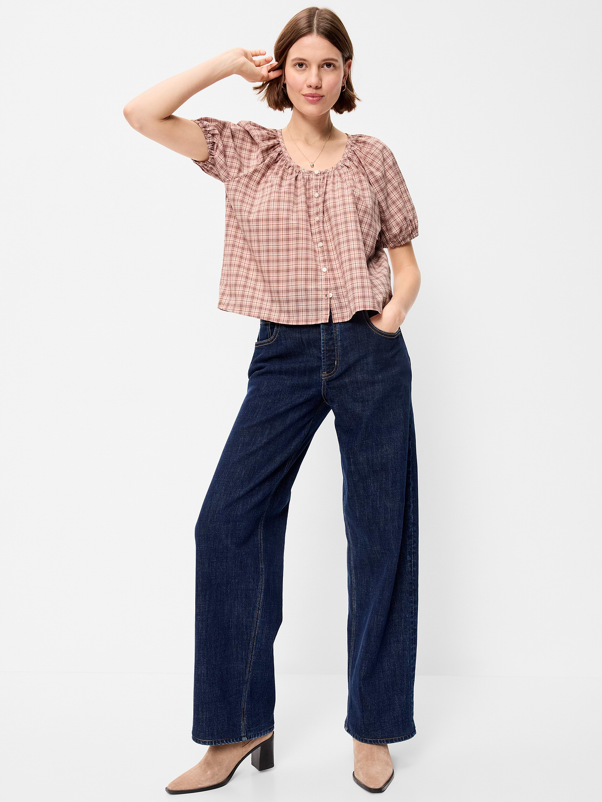 Airy Button-Down Top - Pink Plaid