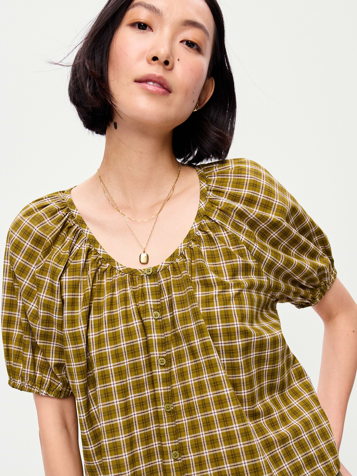 Airy Button-Down Top - Green Plaid