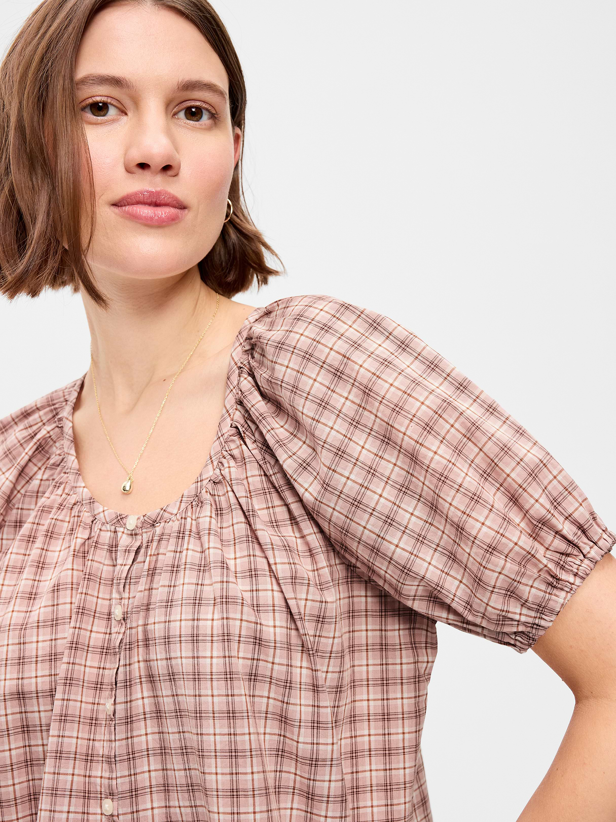 Airy Button-Down Top - Pink Plaid