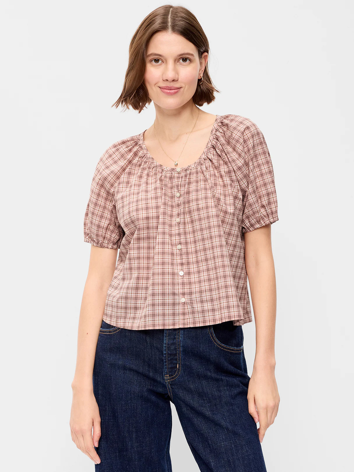 Airy Button-Down Top - Pink Plaid