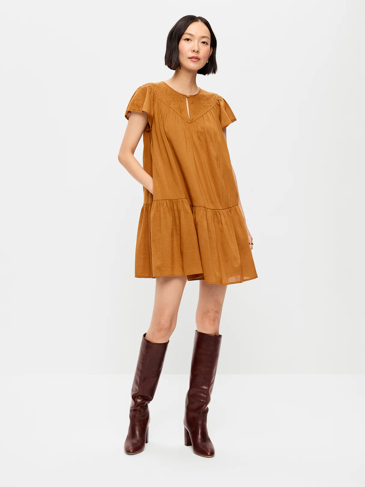 Flutter-Sleeve Mini Swing Dress - Redwood Burl