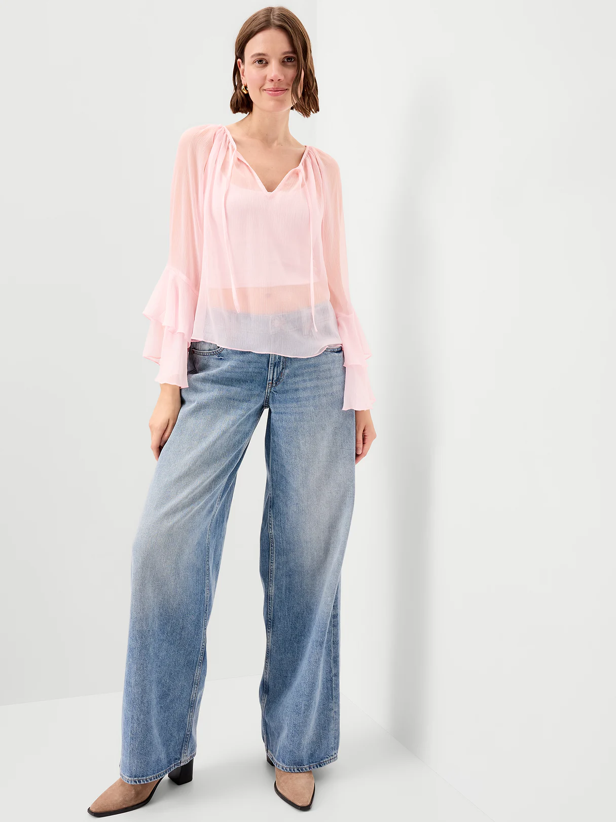 Sheer Chiffon Bell-Sleeve Top - Blush On You