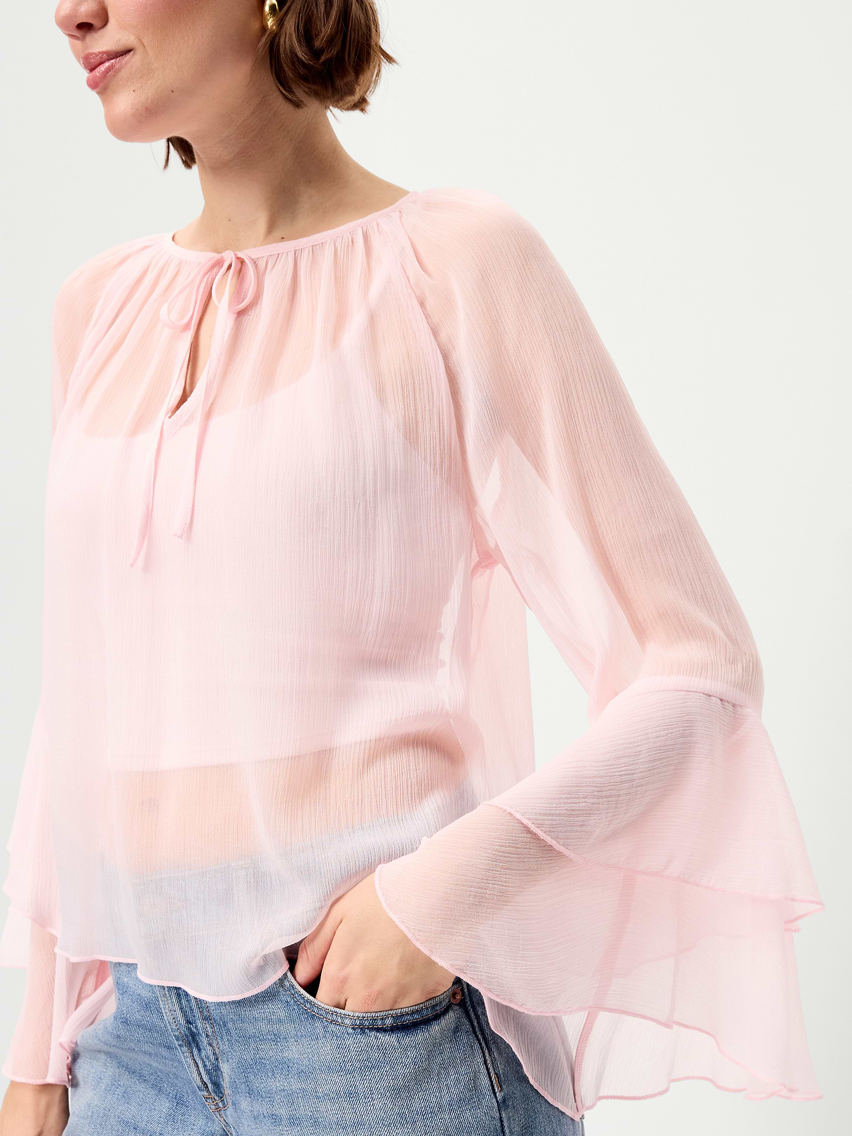 Sheer Chiffon Bell-Sleeve Top - Blush On You