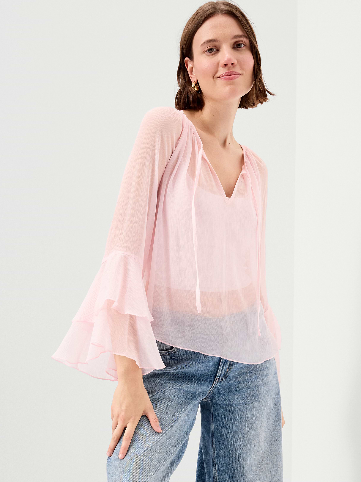 Sheer Chiffon Bell-Sleeve Top - Blush On You