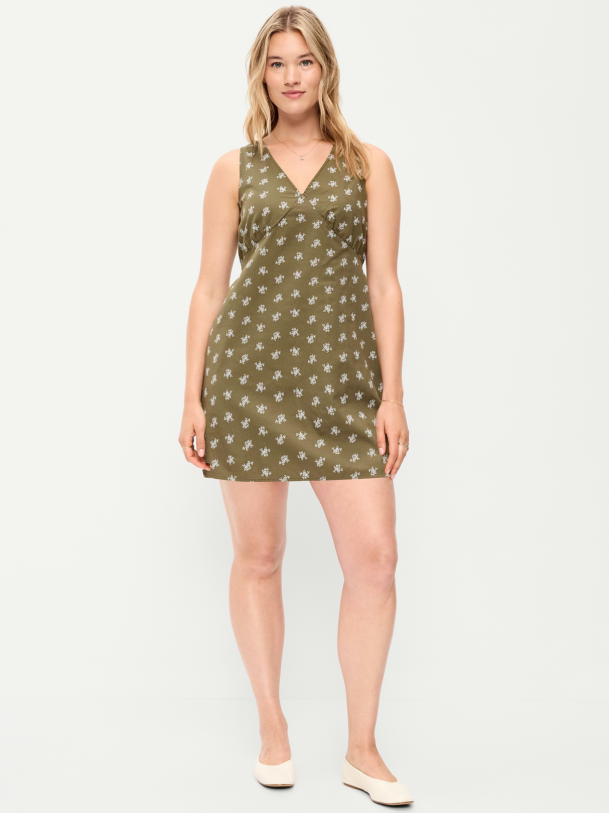 Sleeveless A-Line Mini Dress - Green Floral