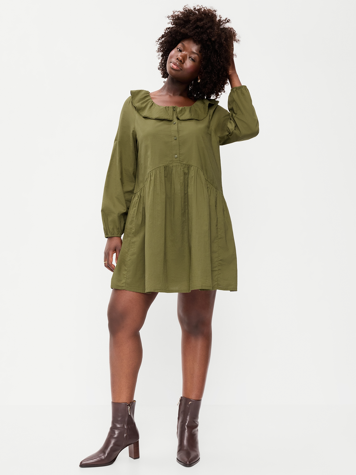 Long-Sleeve Ruffle-Collar Swing Mini Dress - Hearthwood