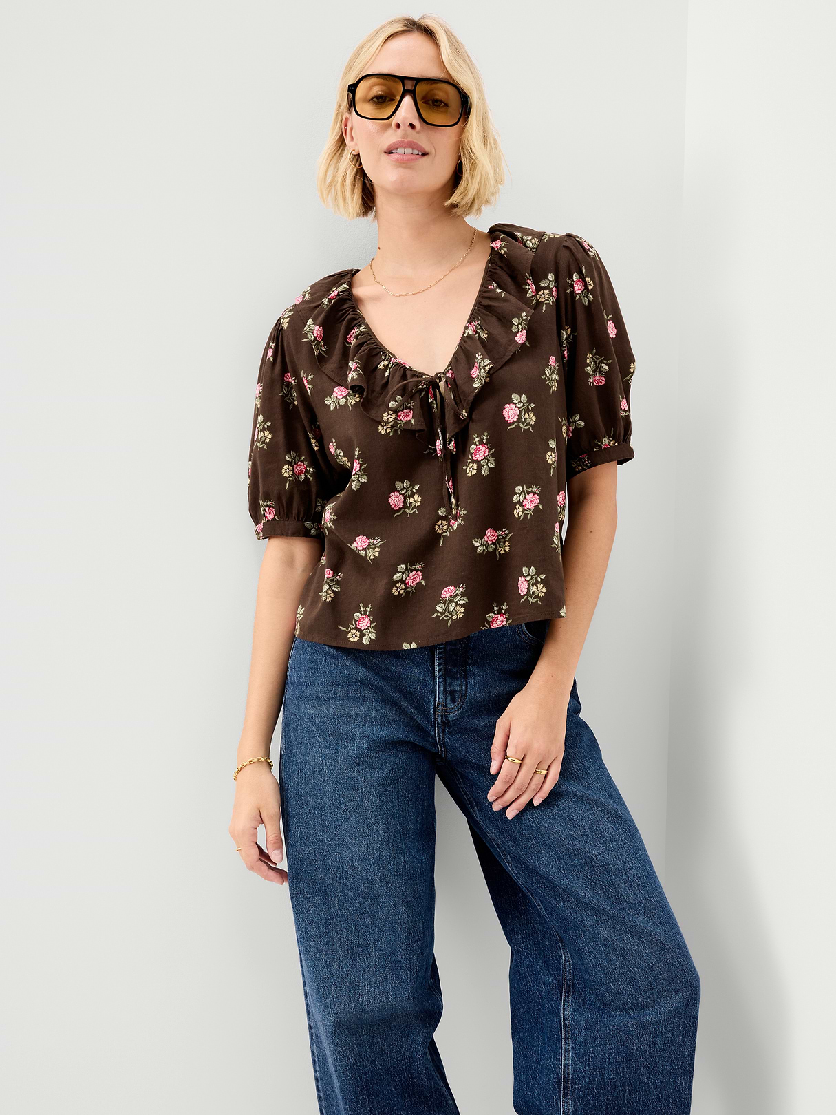 Ruffle Collar Tie-Front Top - Brown Floral