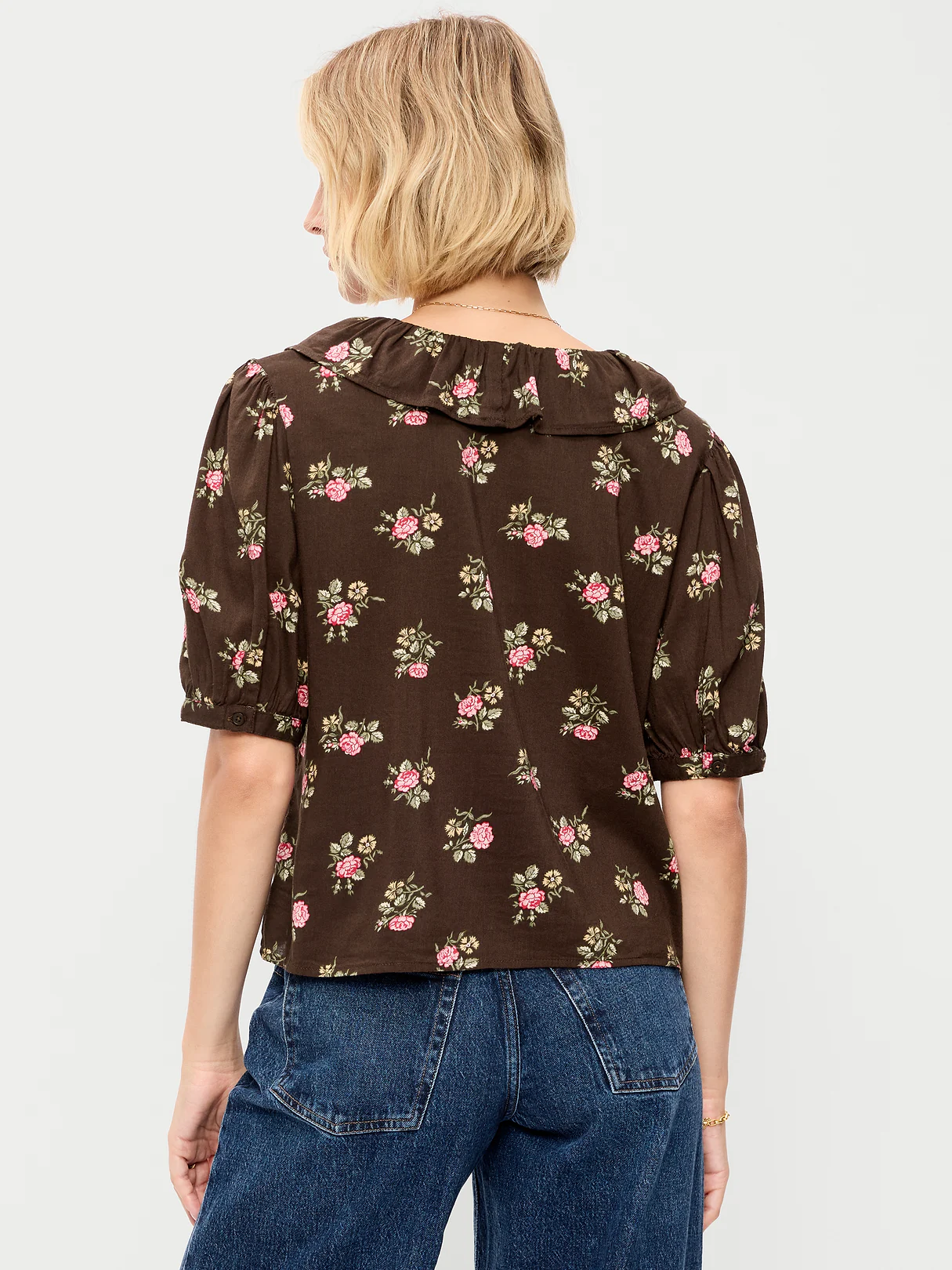 Ruffle Collar Tie-Front Top - Brown Floral