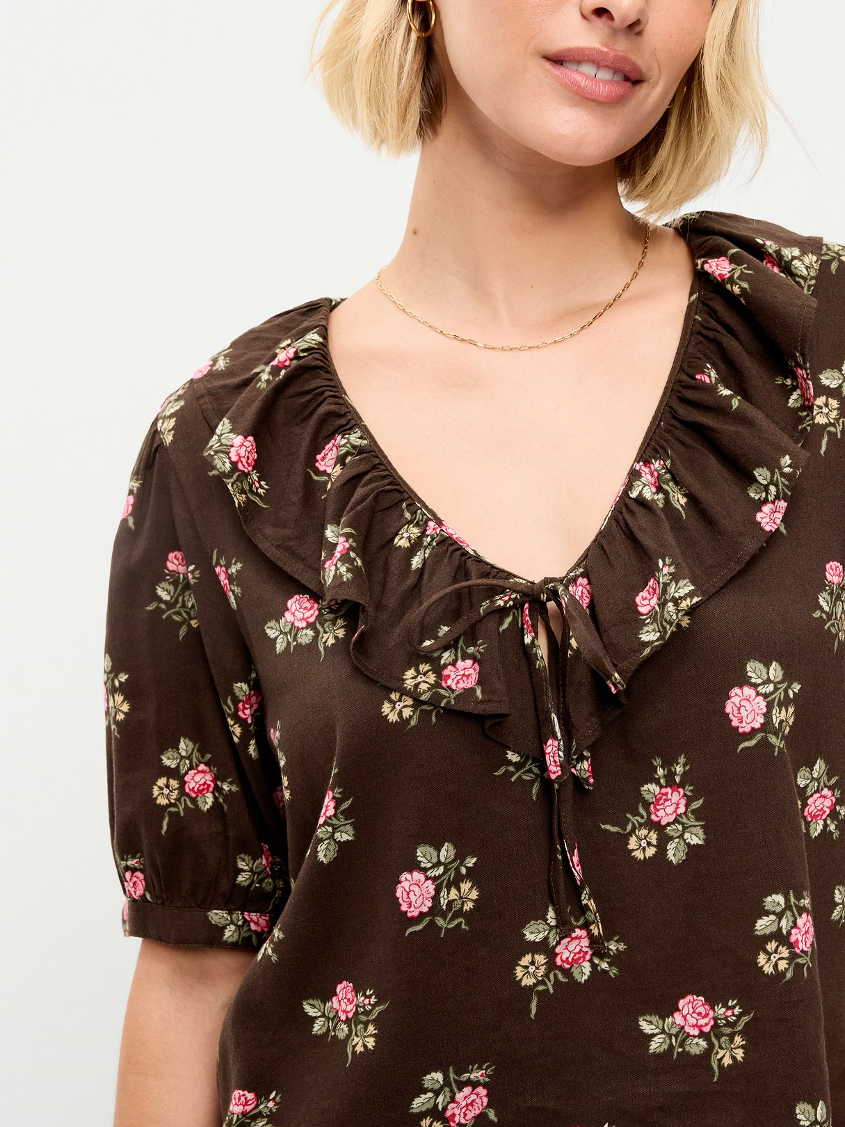 Ruffle Collar Tie-Front Top - Brown Floral