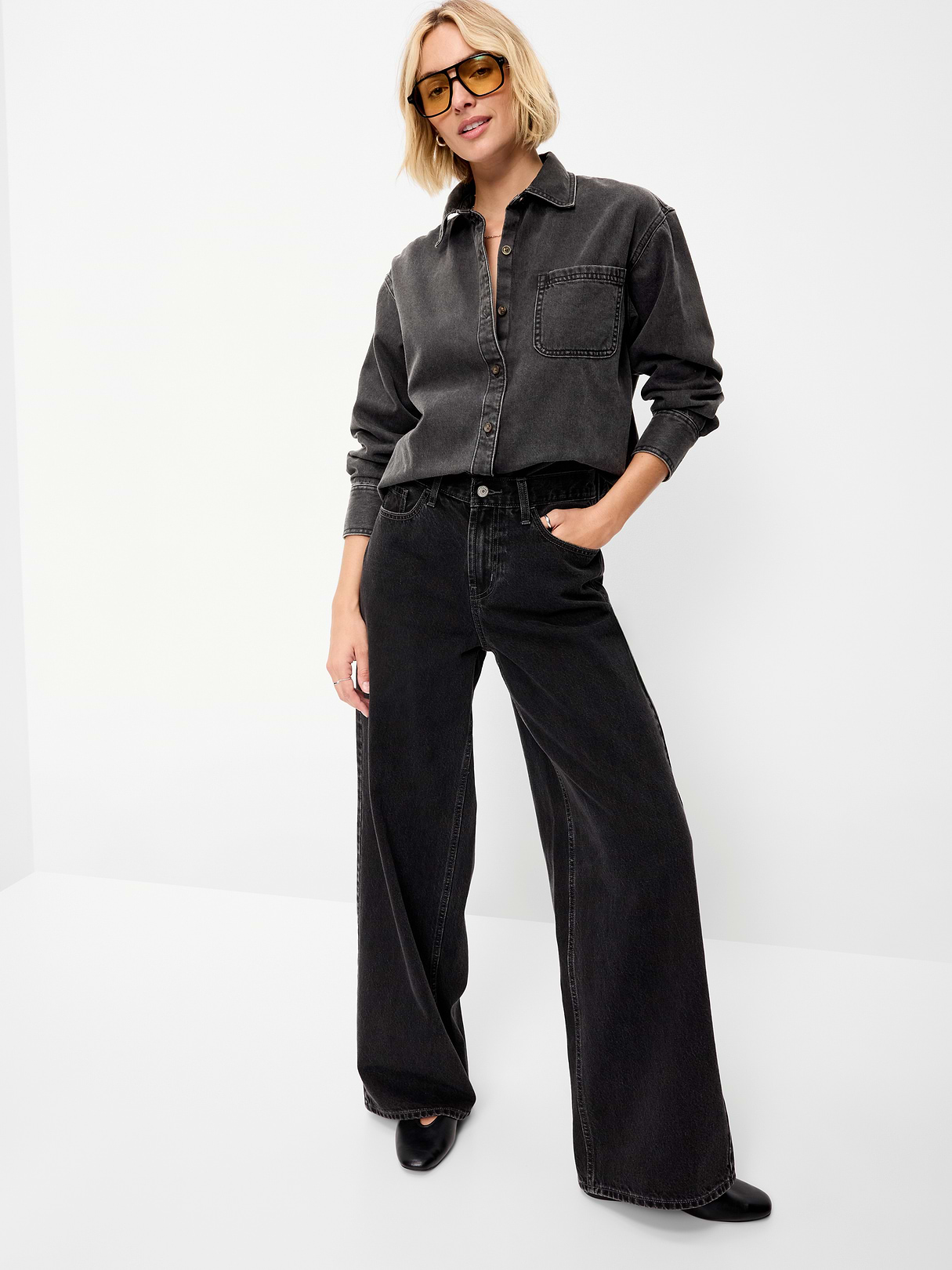 Oversized Boyfriend Button-Down Jean Shirt - Black Wash