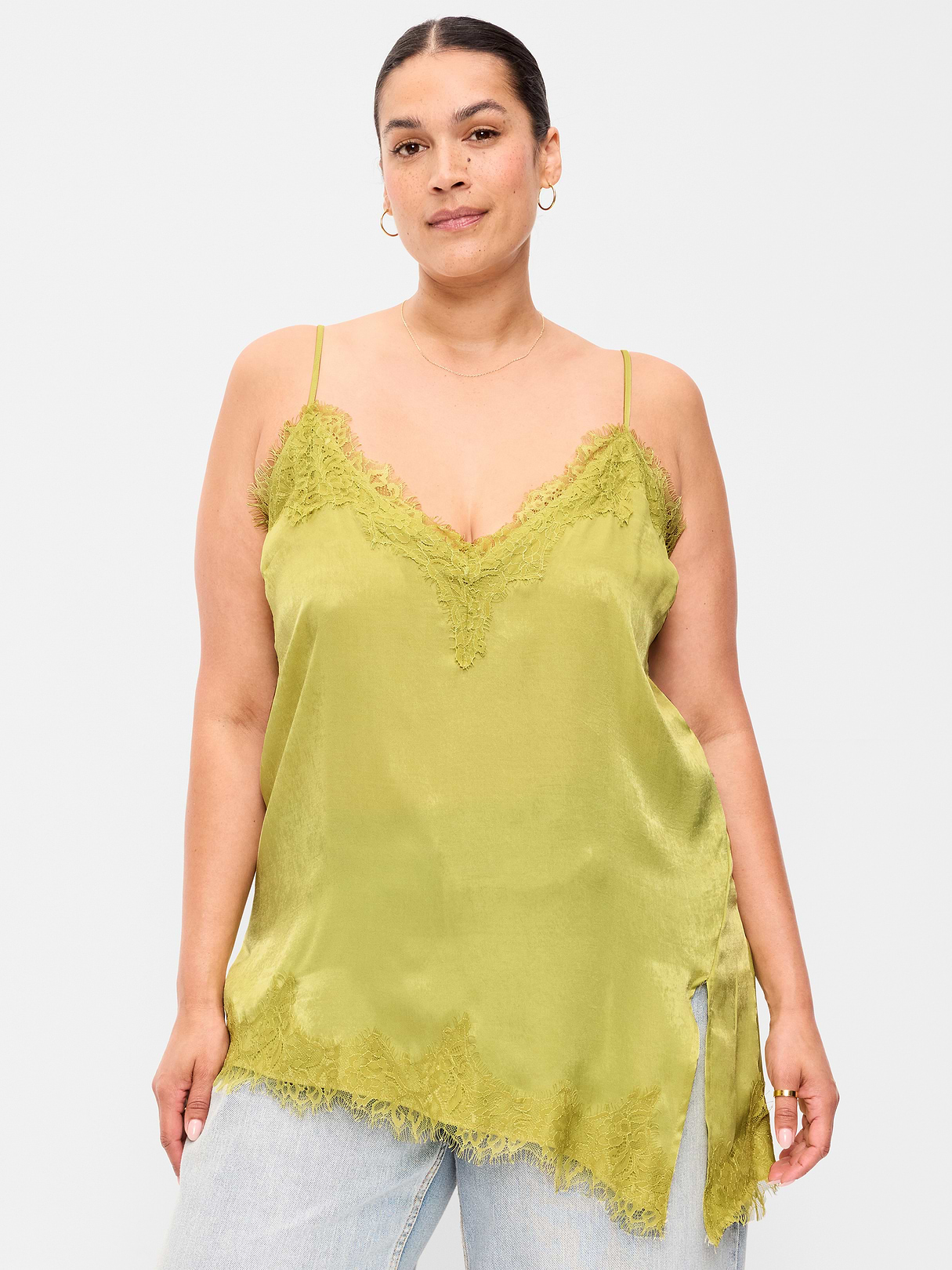 Asymmetrical Lace-Trim Cami Top - Wasabi
