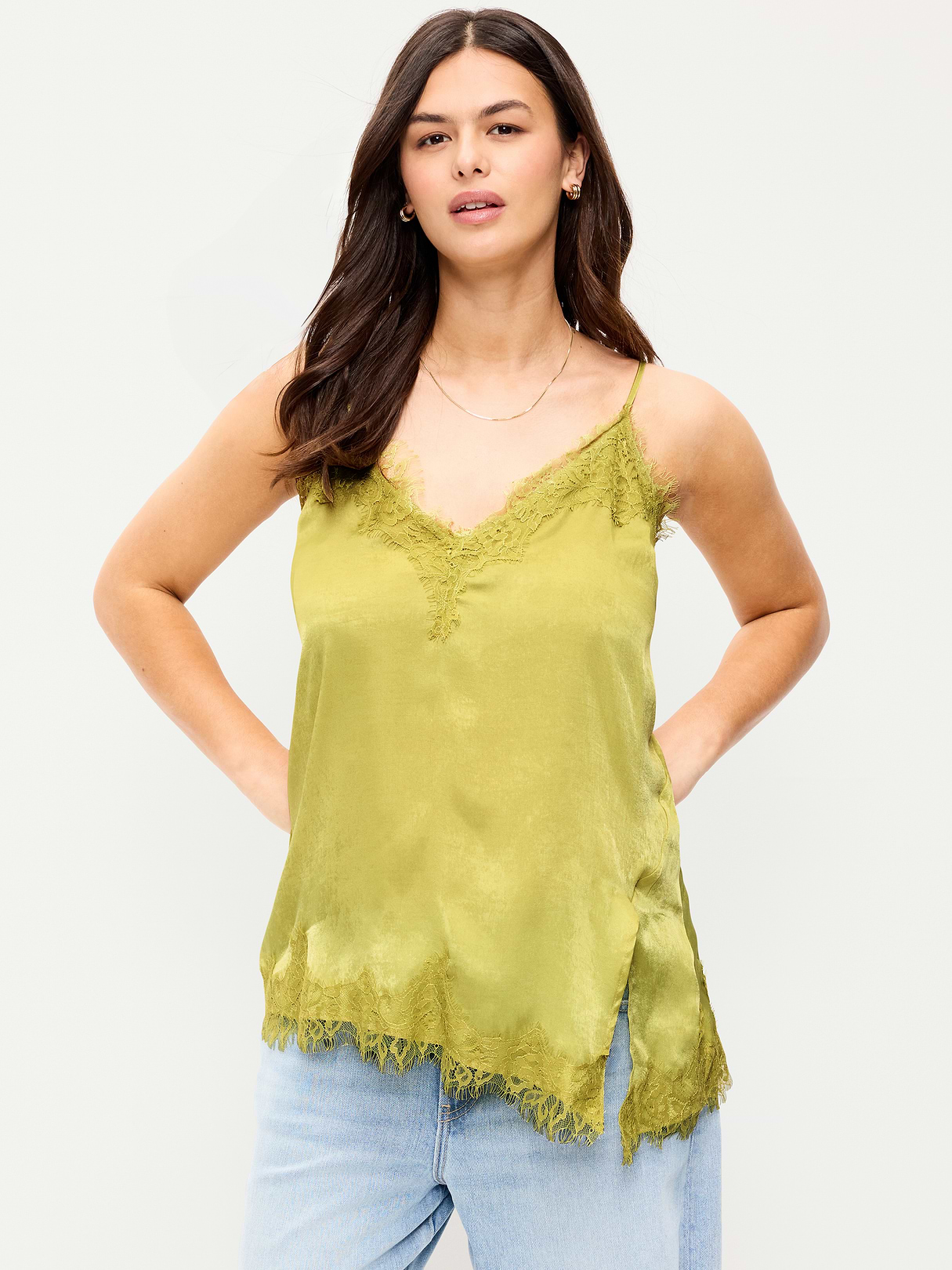 Asymmetrical Lace-Trim Cami Top - Wasabi