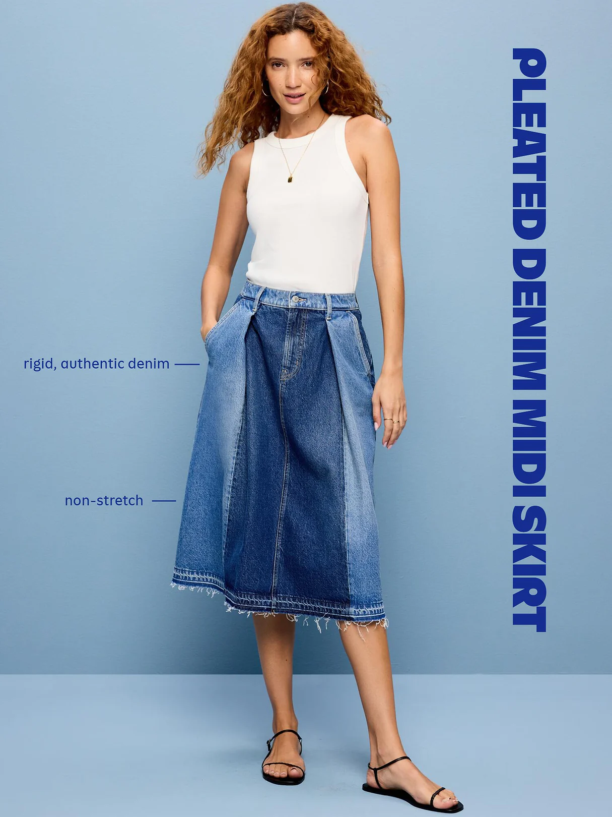 Reconstructed Pleated Denim Midi Skirt - Coretta