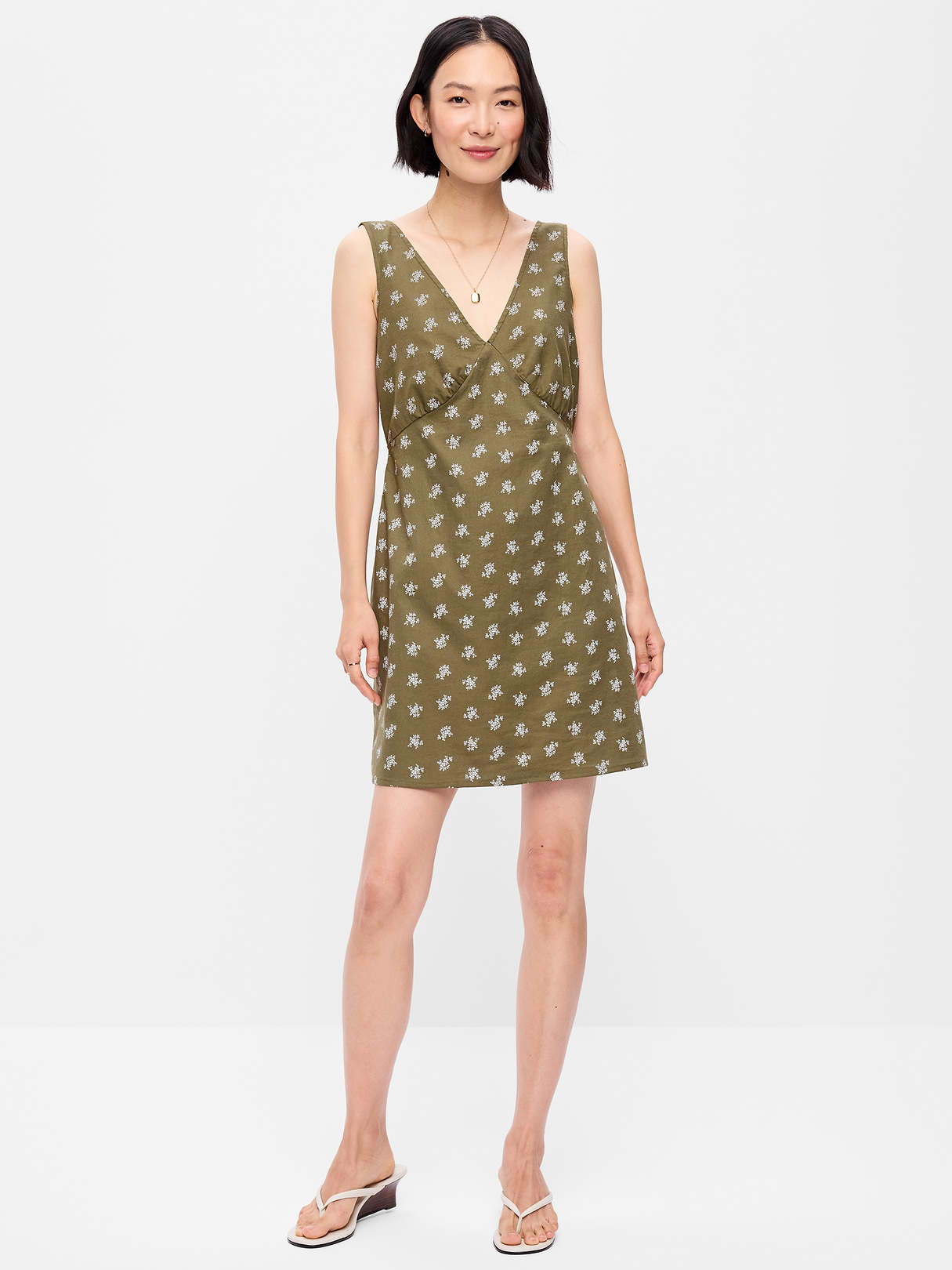 Sleeveless A-Line Mini Dress - Green Floral
