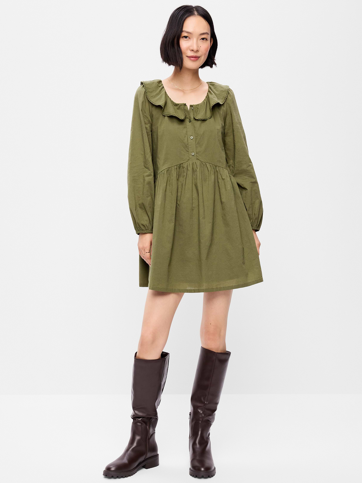 Long-Sleeve Ruffle-Collar Swing Mini Dress - Hearthwood