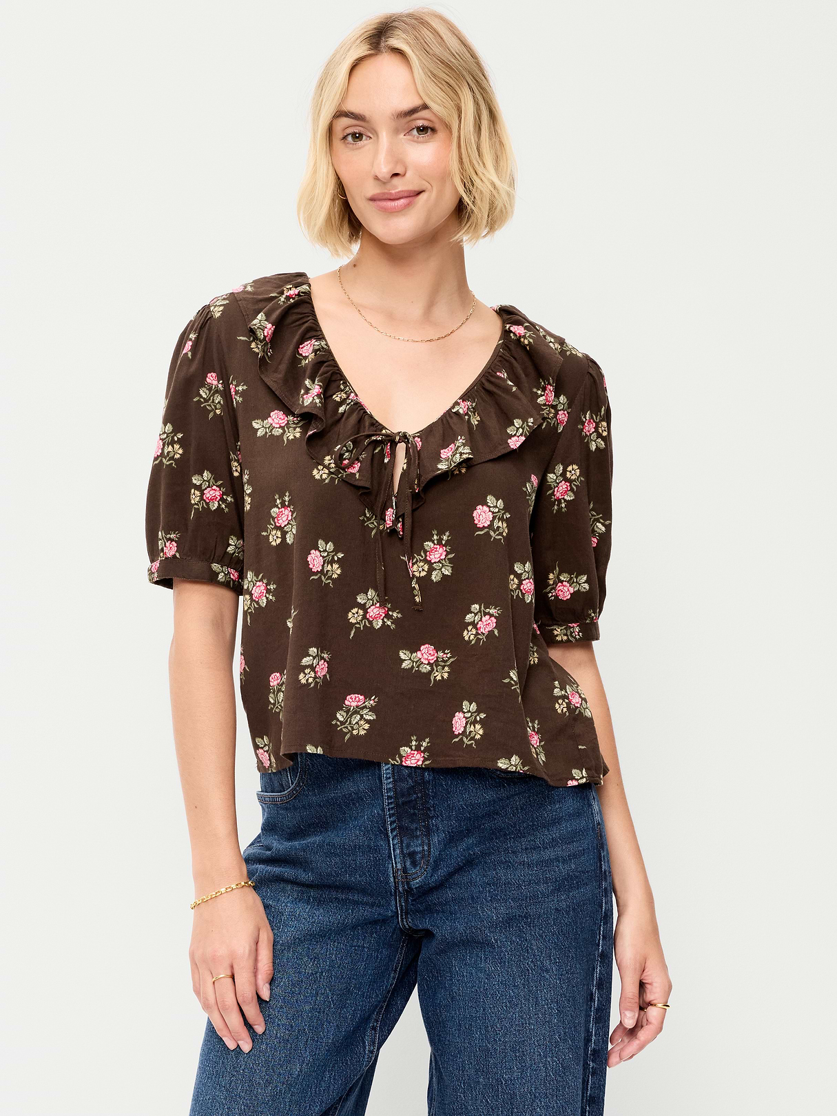 Ruffle Collar Tie-Front Top - Brown Floral