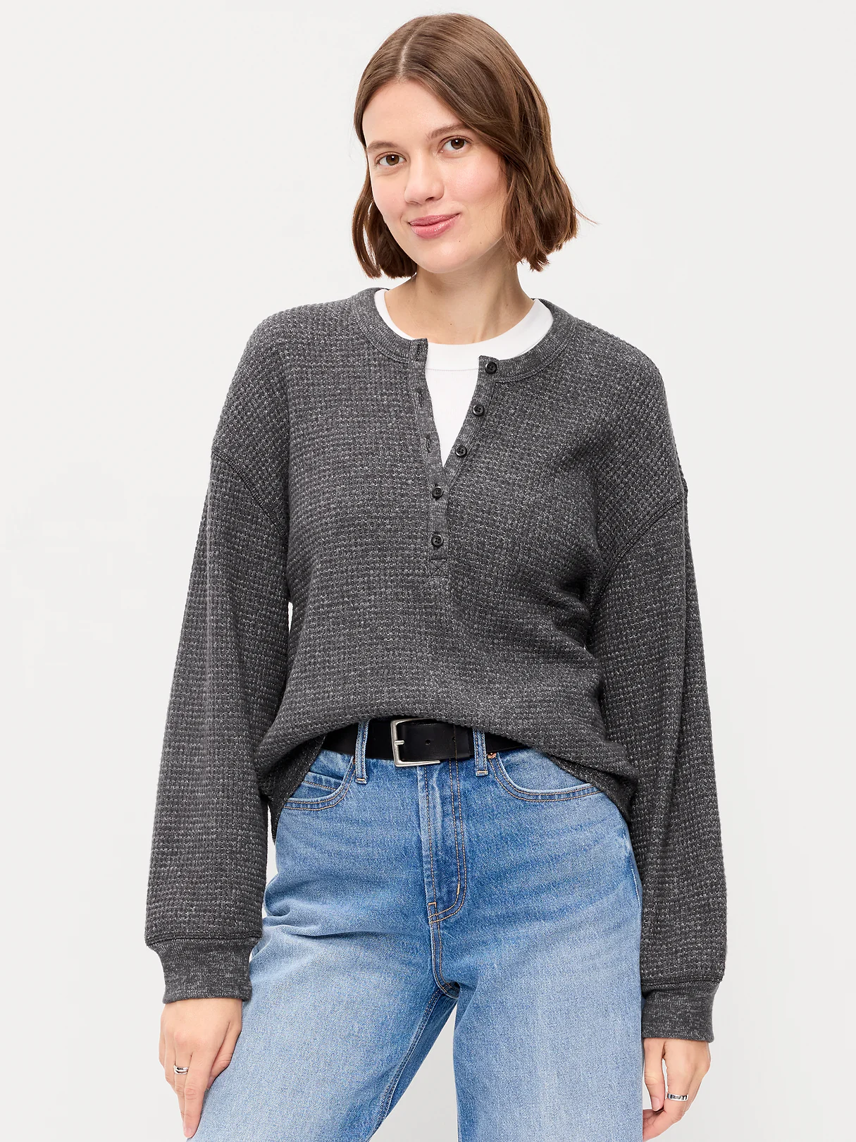 Long-Sleeve Crew-Neck Henley T-Shirt - Dark Gray