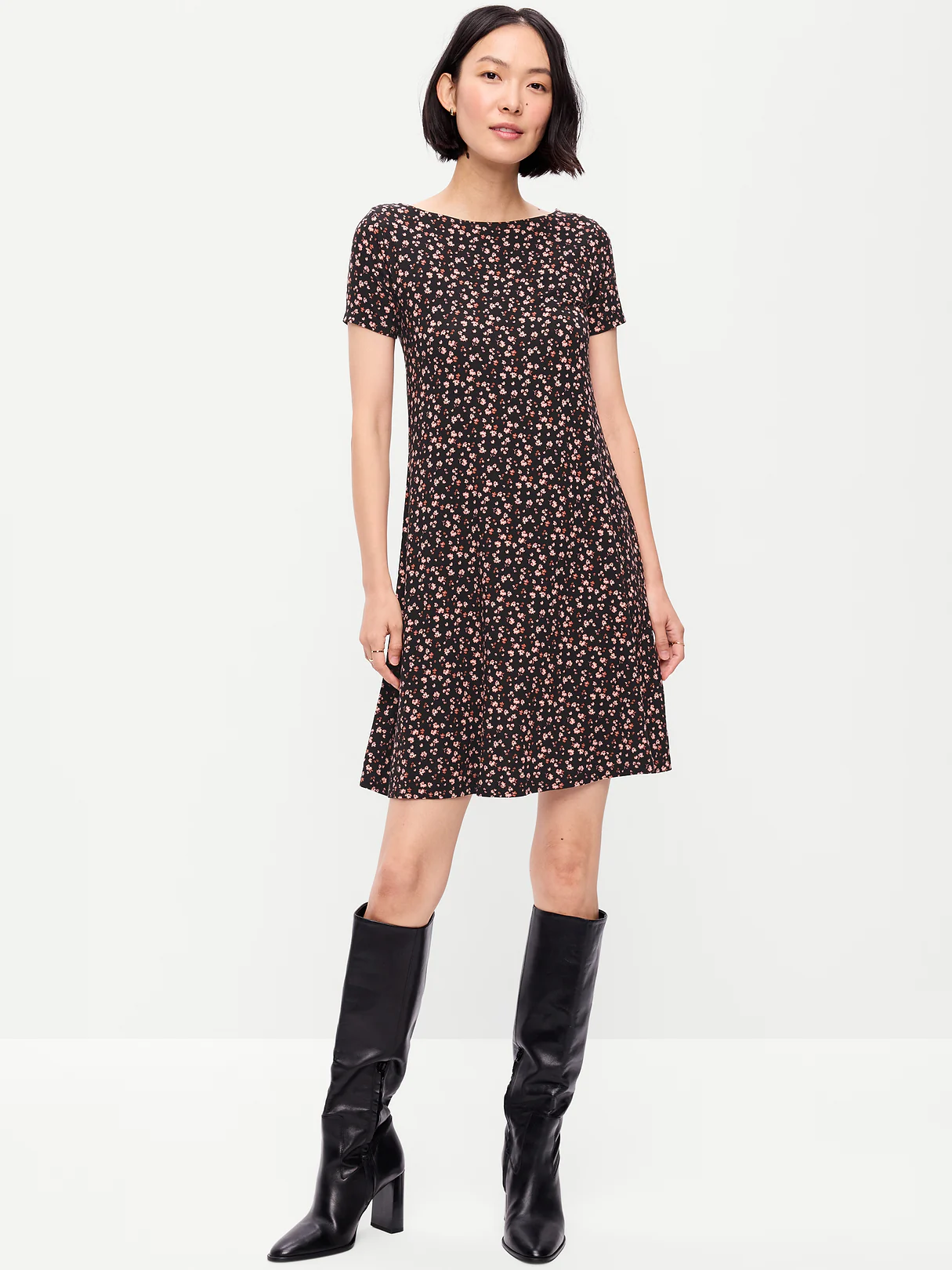 Short-Sleeve Mini Swing Dress - Black Ditsy Floral
