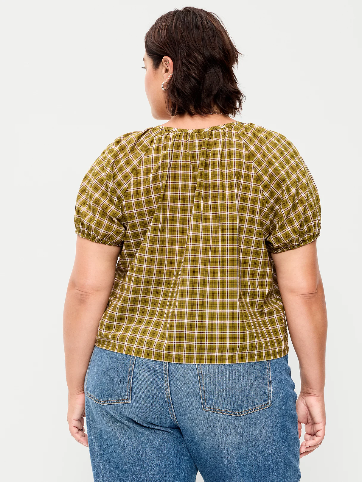 Airy Button-Down Top - Green Plaid