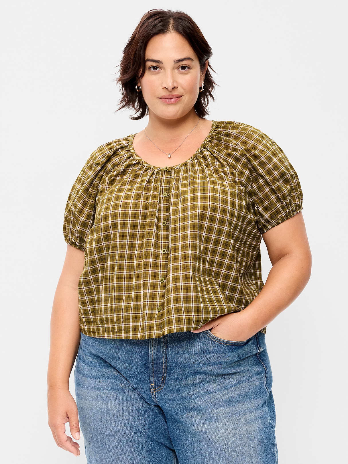 Airy Button-Down Top - Green Plaid