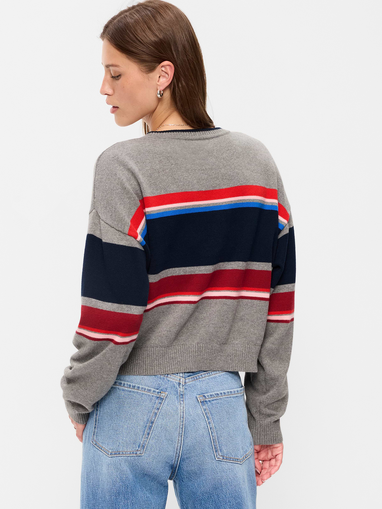 Cotton-Blend Crew-Neck Cropped Sweater - Gray Stripe