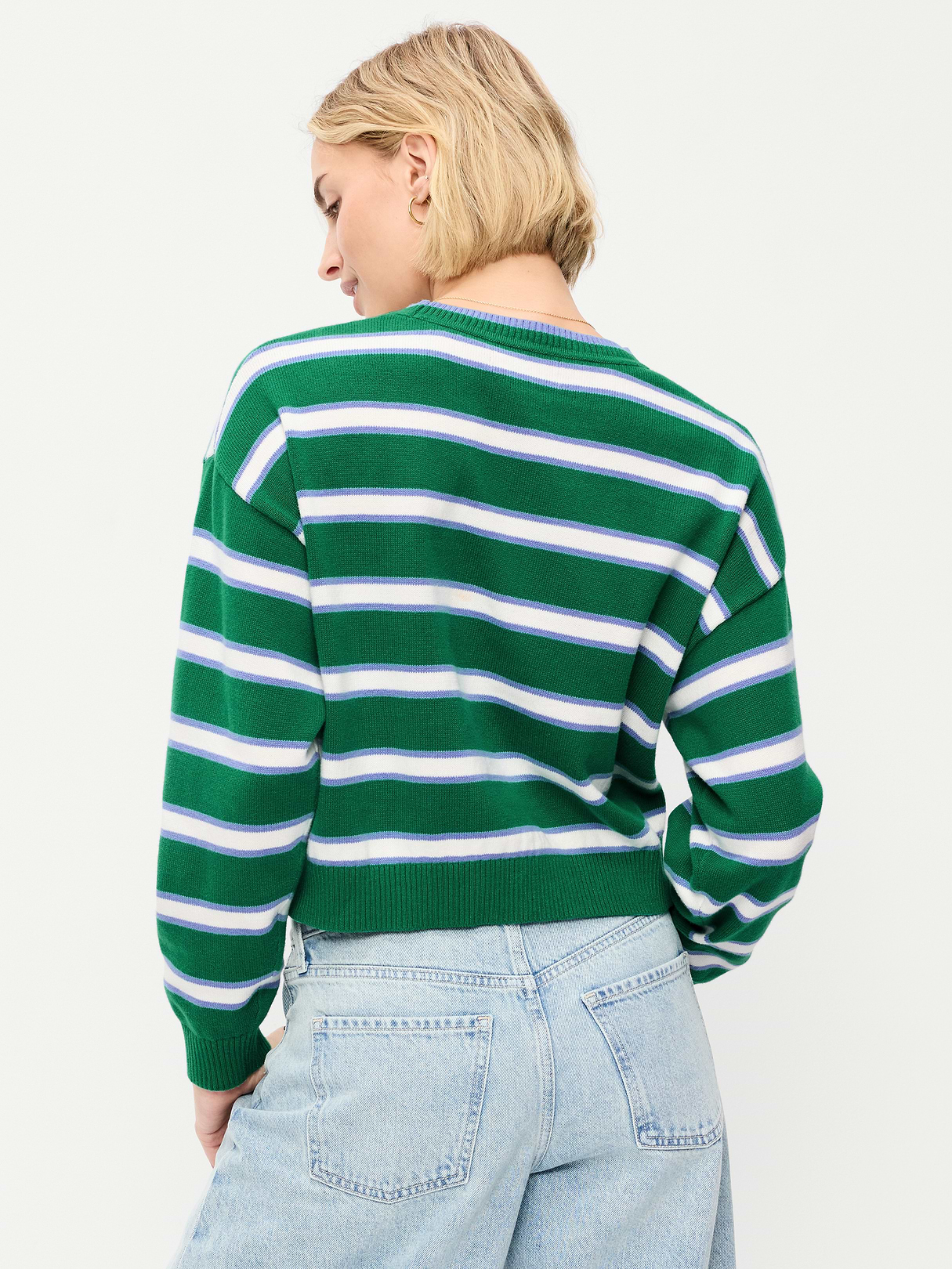 Cotton-Blend Crew-Neck Cropped Sweater - Green Stripe