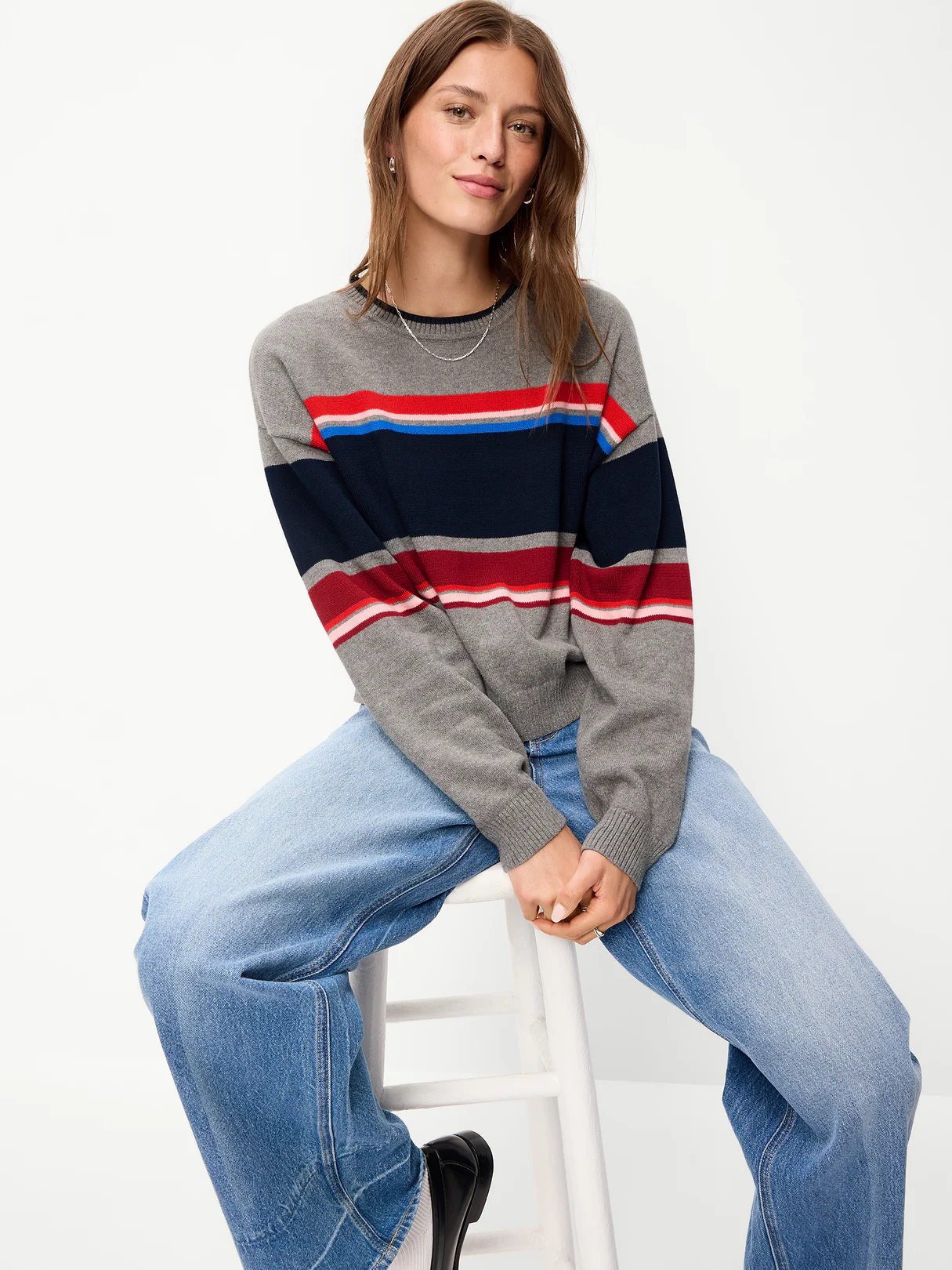 Cotton-Blend Crew-Neck Cropped Sweater - Gray Stripe