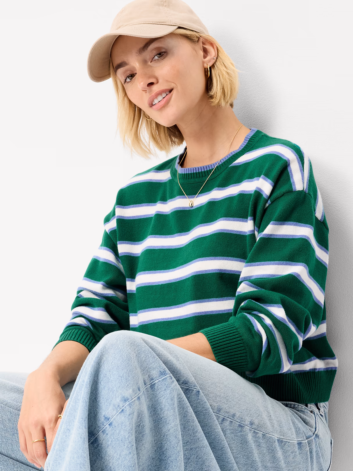 Cotton-Blend Crew-Neck Cropped Sweater - Green Stripe