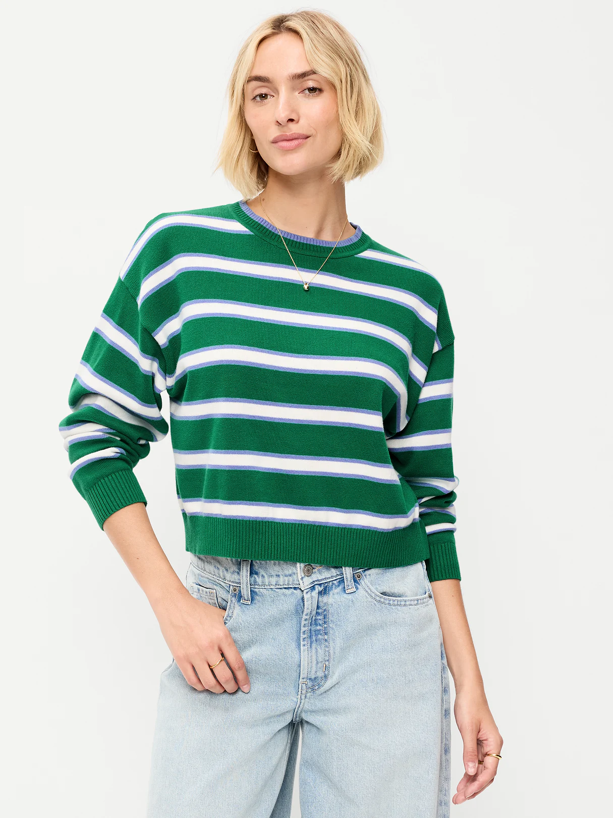 Cotton-Blend Crew-Neck Cropped Sweater - Green Stripe