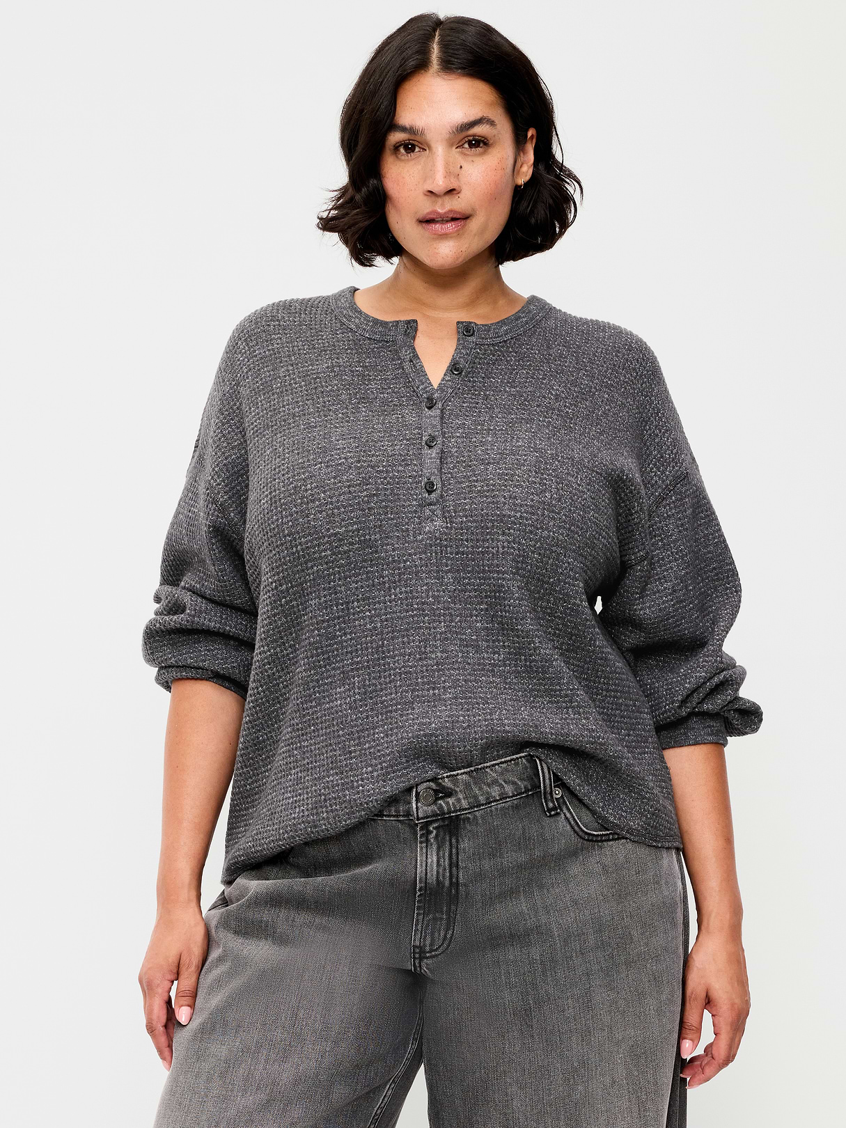 Long-Sleeve Crew-Neck Henley T-Shirt - Dark Gray