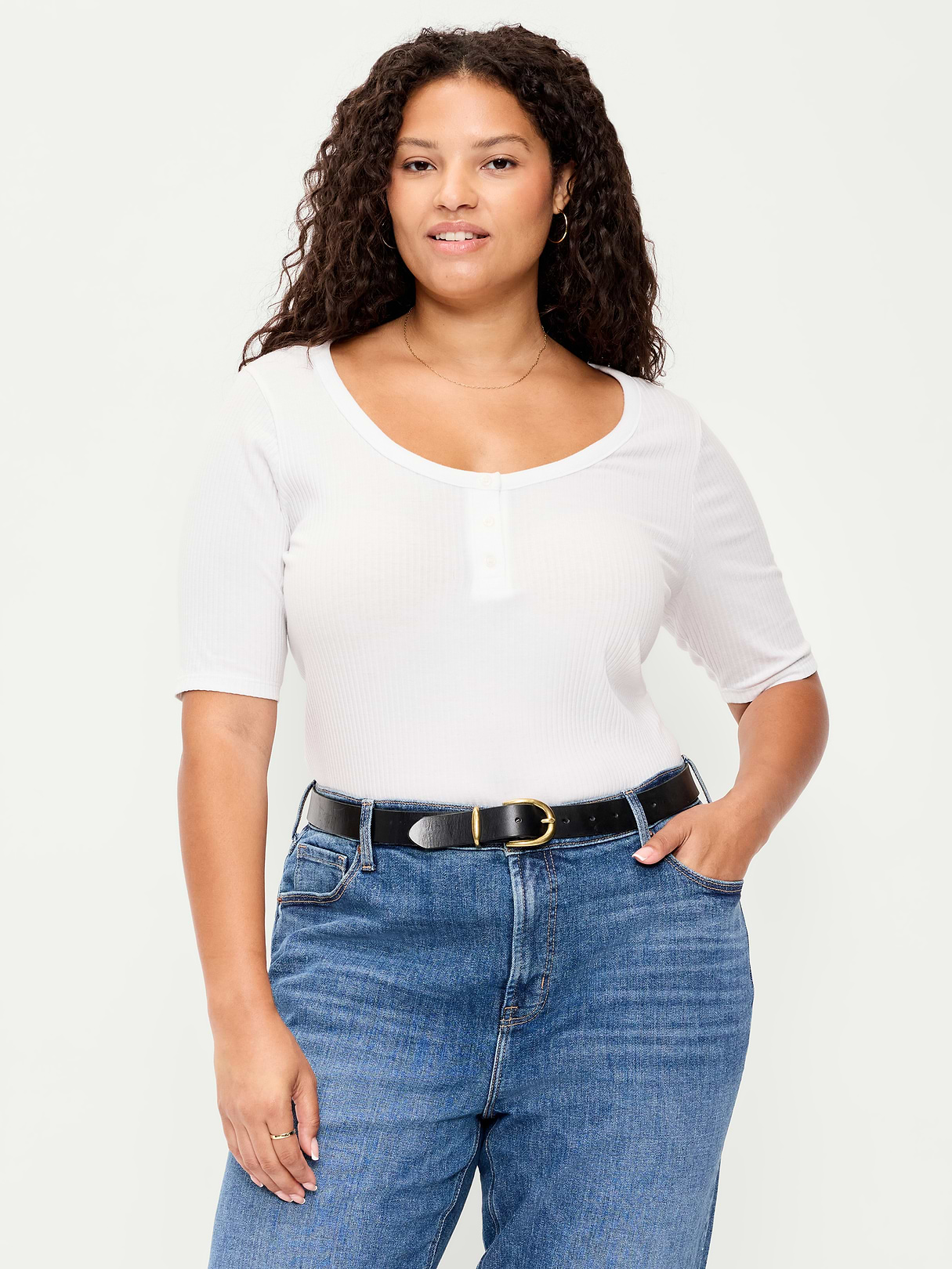 Scoop-Neck Fitted Henley Top - Calla Lilies