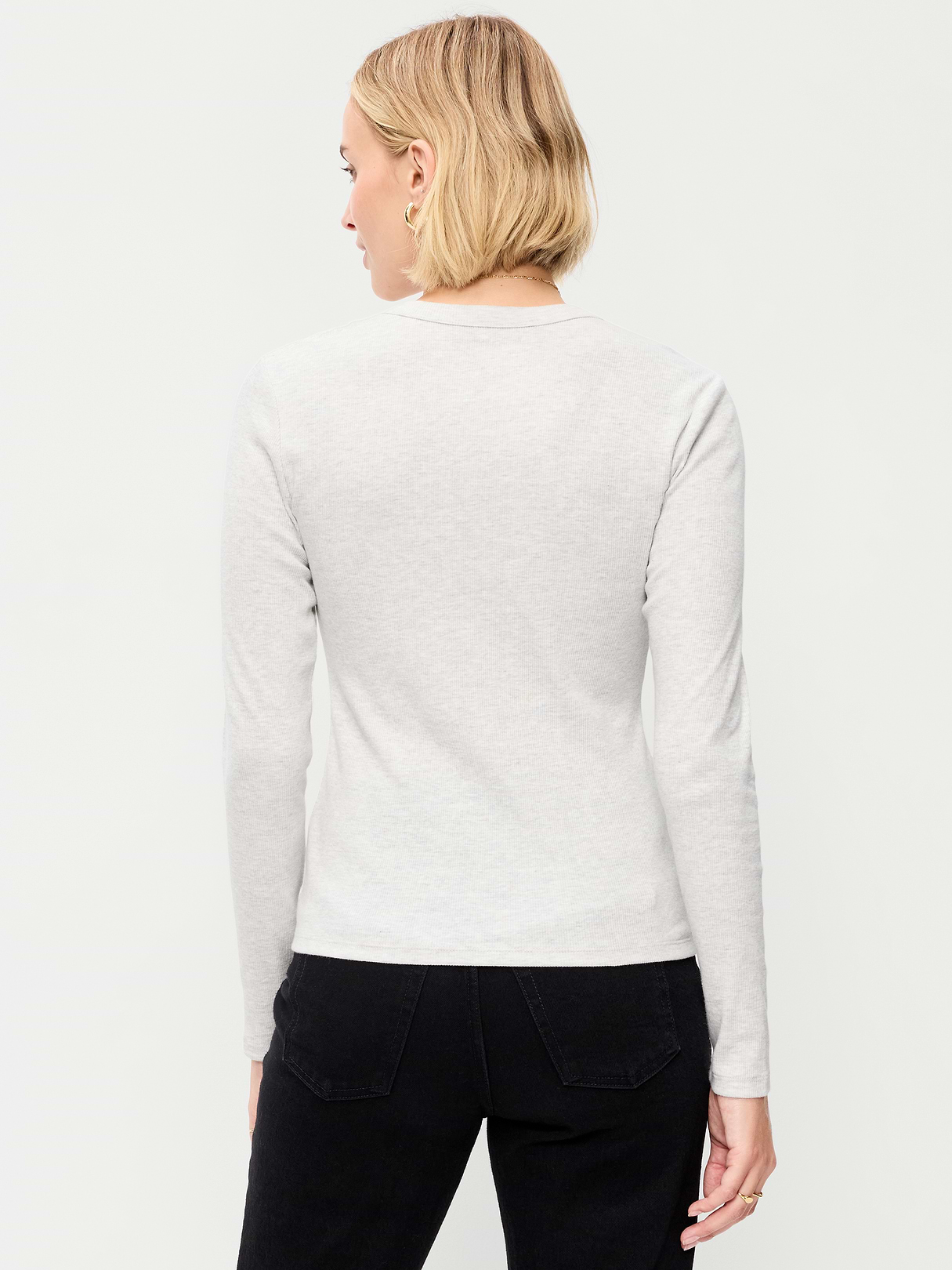 Snug Long-Sleeve Striped Ribbed T-Shirt - Light Heather Gray