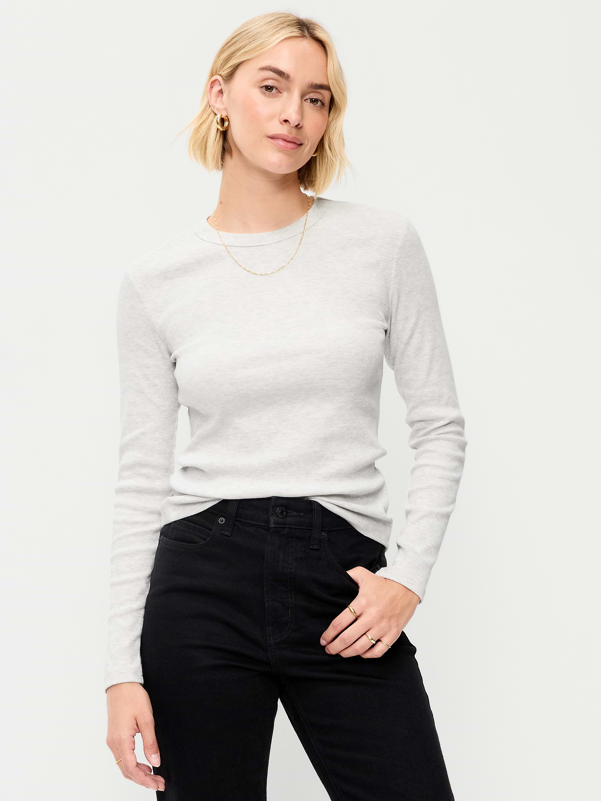 Snug Long-Sleeve Striped Ribbed T-Shirt - Light Heather Gray