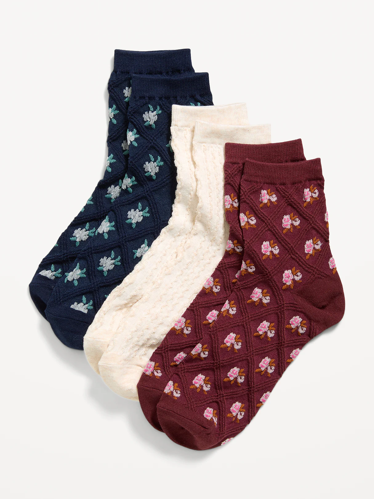 Textured Quarter Crew Socks 3-Pack for Women - Navy Floral