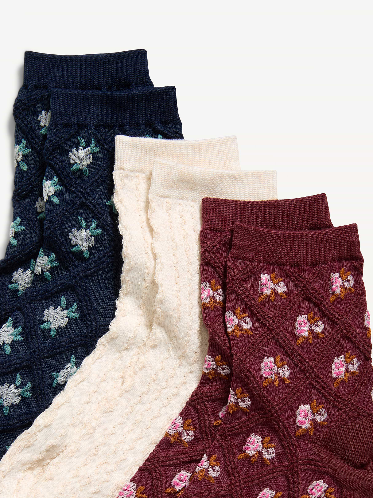 Textured Quarter Crew Socks 3-Pack for Women - Navy Floral