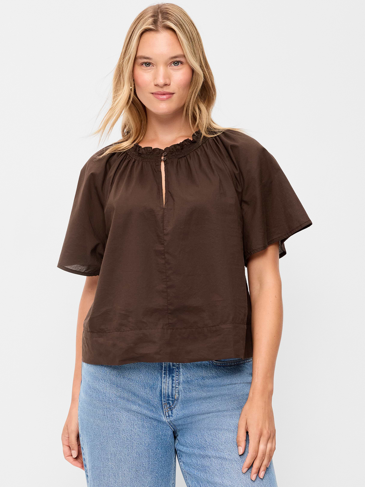 Loose Short-Sleeve Striped Top - Brown
