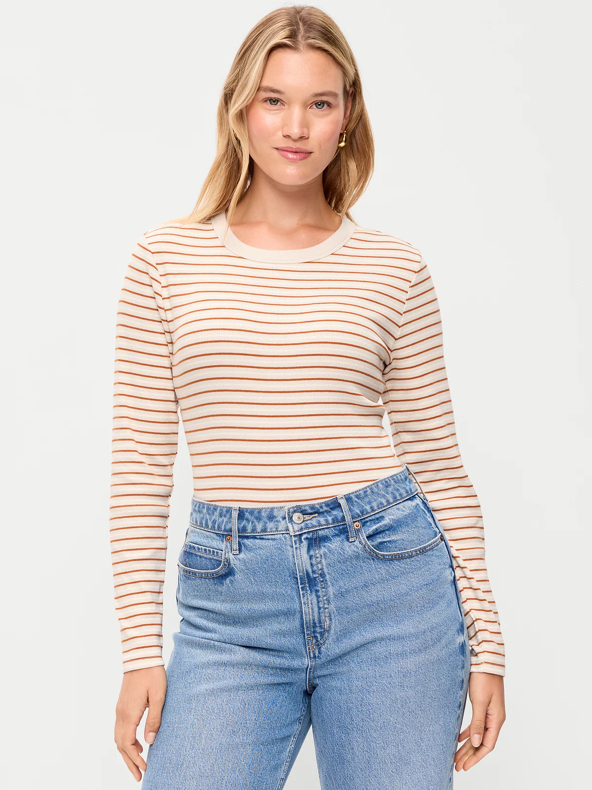 Snug Long-Sleeve Striped Ribbed T-Shirt - Orange Multi Stripe