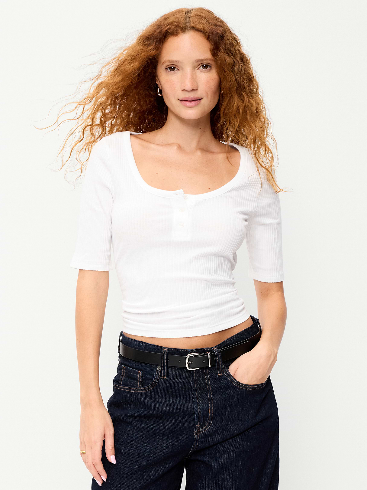 Scoop-Neck Fitted Henley Top - Calla Lilies