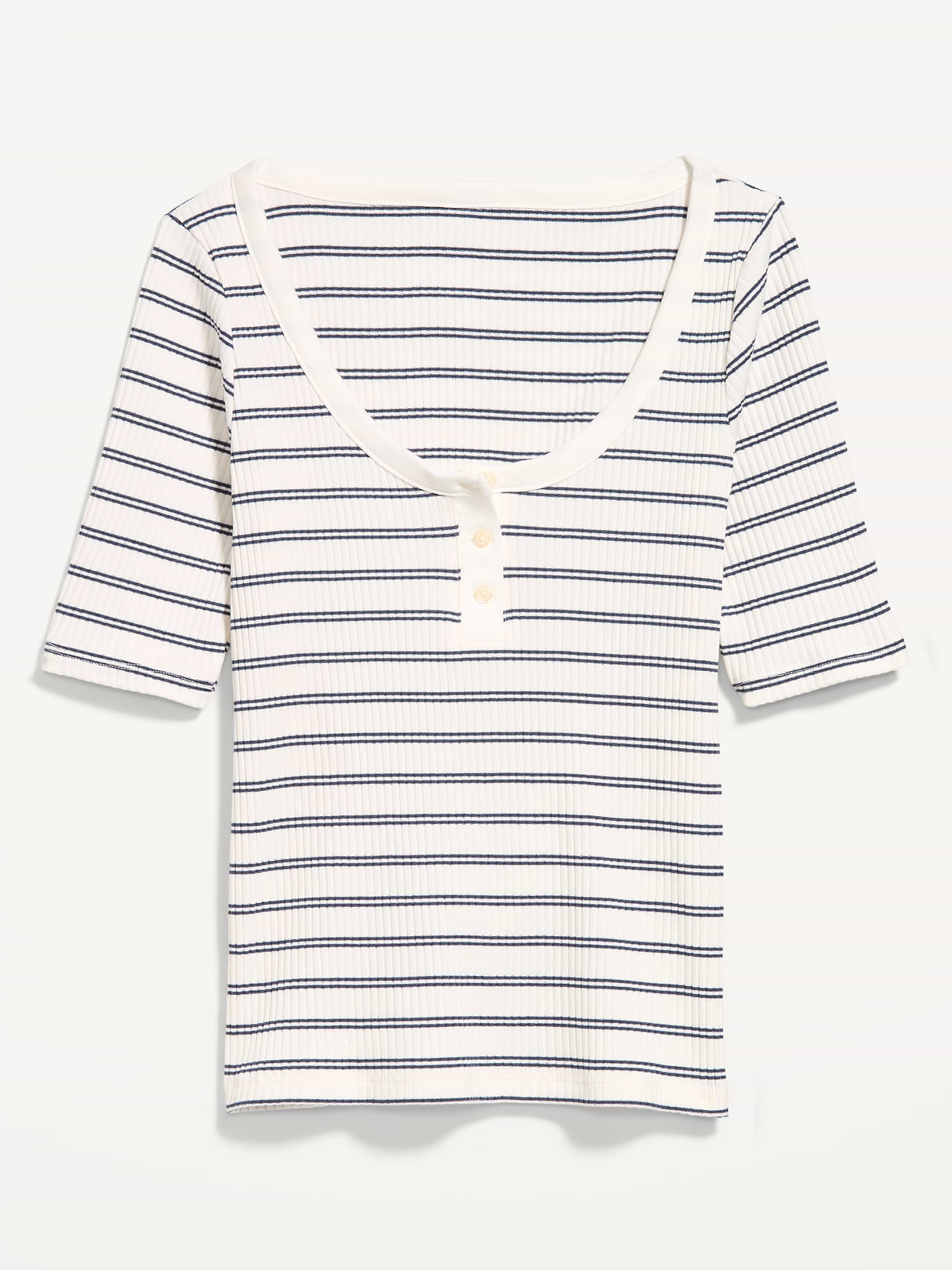 Scoop-Neck Fitted Henley Top - Navy Stripe