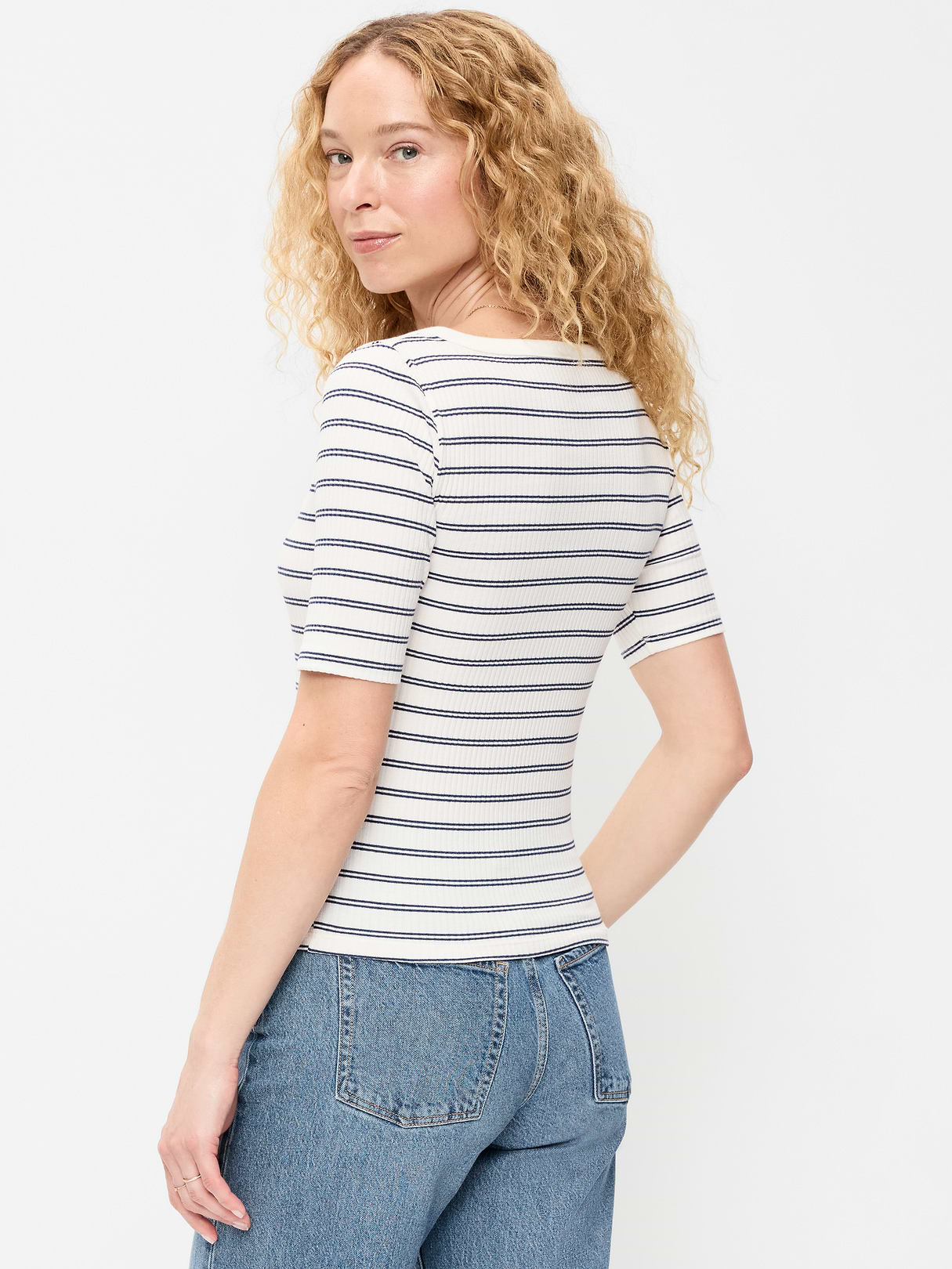 Scoop-Neck Fitted Henley Top - Navy Stripe