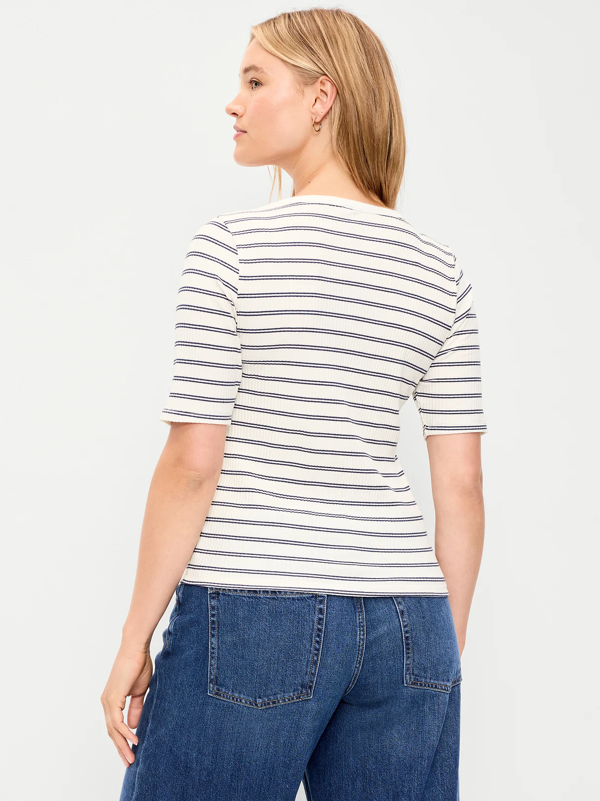Scoop-Neck Fitted Henley Top - Navy Stripe