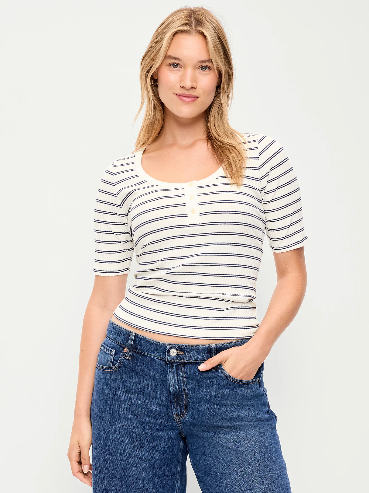Scoop-Neck Fitted Henley Top - Navy Stripe